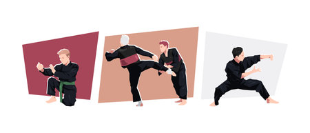 Set of male pencak silat athlete, fighter in action, dynamic pose. Sport, martial arts. Cartoon flat vector illustration.のイラスト素材