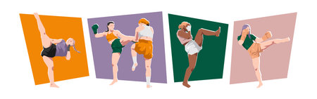 Set of female muay thai, kickboxer fighter, athlete in combat pose. Sport, martial arts. Cartoon flat vector illustration.のイラスト素材