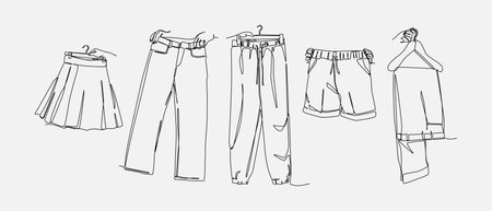 Set of drawing of hands holding skirts, jeans, trousers, shorts, and jogger pants in continuous one line drawing style. Clothing, fashion bottoms concept. Editable line. Vector illのイラスト素材
