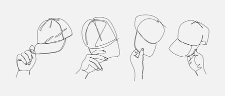 Set of drawing of hands holding baseball cap in continuous one line drawing style. Casual fashion,...