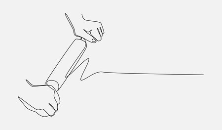 Continuous one line drawing of hand holding rolling pin. Editable line. Vector illustration.のイラスト素材
