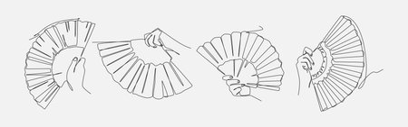 Set continuous one line drawing of hands holding traditional hand fan. Editable vector illustration.のイラスト素材