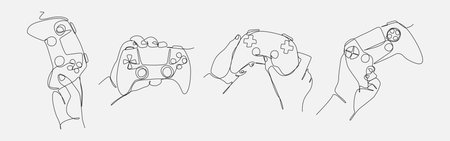 Set continuous one line drawing of hands holding game controller. Technology, gaming, cyber sport concept. Editable vector illustration.のイラスト素材