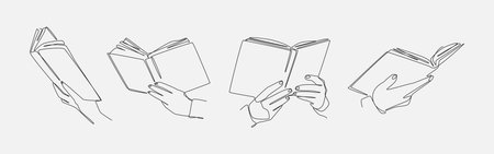 Set continuous one line drawing of hands holding book. Education, reading concept. Editable vector illustration.のイラスト素材