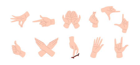 Set of different hand gestures. Picking, finger gun, praying, love, thumbs up, waving hand, rock metal, and more. Flat vector illustration.のイラスト素材