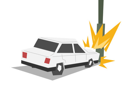 Car accident. A white car crashes into a utility pole. Vector illustration.のイラスト素材