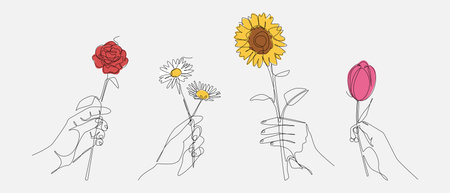 Continuous One Line Drawing of Hand Holding Flowers. Rose, Daisy, Sunflower, and Tulip. Editable Line. Vector Illustration.のイラスト素材