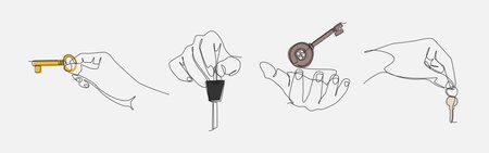 Set of hands holding various keys in continuous one line drawing style. Success, security, treasure, property, vehicle concept. Editable vector illustration.のイラスト素材