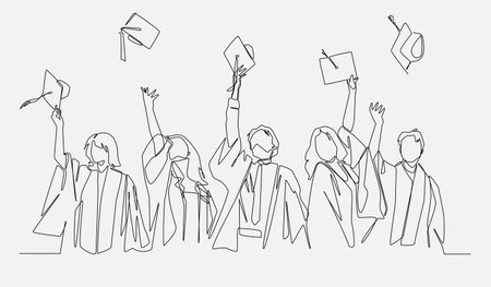 Continuous line drawing of students celebrating graduation throwing mortarboards. Editable line. Vector illustration.のイラスト素材