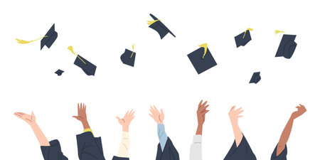 Hands throwing graduation caps in celebration. Cartoon style vector illustration.のイラスト素材