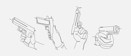 Hands holding pistol in continuous one line drawing style. Firearm, handgun, weapon, military, crime, sport concept. Vector illustration.のイラスト素材