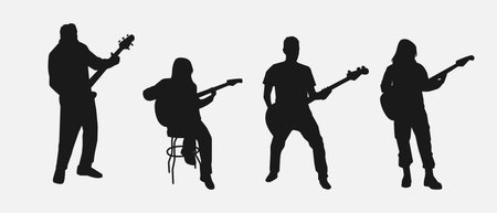 Silhouettes of guitar and bass players. Isolated vector illustration.のイラスト素材