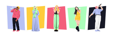 Set of cartoon male and female singer performing with microphone. Flat vector illustration.のイラスト素材