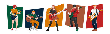Set of cartoon male and female guitarist and performing music. Flat vector illustration.のイラスト素材