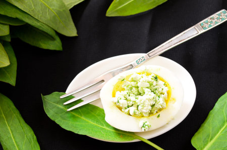 eggs with cottage cheese, wild leek and paprika on black background