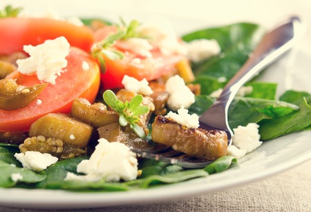 Eggplant salad with tomatoes, feta cheese, spinach and greens on white plateの写真素材