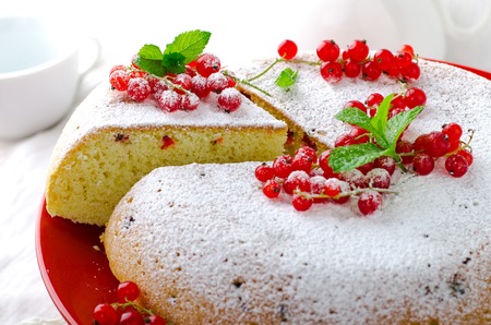 Vanilla sponge cake with fresh red currants on white backgroundの写真素材