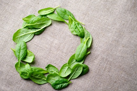 Fresh Baby spinach leaves on grey sackcloth background. Top view with copy space, round circle frame. Healthy, Ecology conceptの写真素材