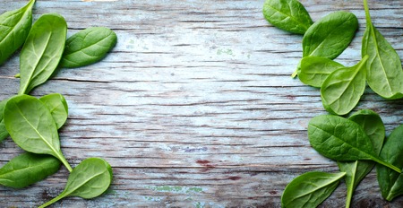Fresh Baby spinach leaves on blue wooden background. Top view with copy space, horizontal frame. Healthy, Ecology conceptの写真素材