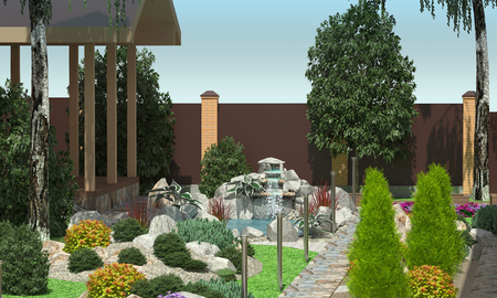 Garden design. A small pond with a waterfall. Garden plot. 3d rendering.の写真素材