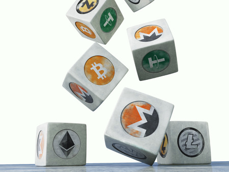 Falling vintage cubes with the image of crypto currency on a white background. 3d rendering. Isolated object.の写真素材