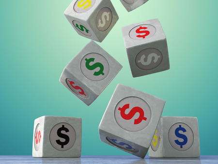 Falling vintage cubes with the image of currency symbols on a dark background. Isolated object. 3d illustration.の写真素材