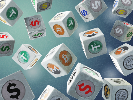 Falling vintage cubes with a picture of a currency limit on a blue background. 3d illustration.の写真素材
