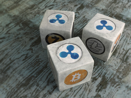 The game bone. Crypto currency. A game of vintage bones with symbols of crypto currency. 3d rendering.の写真素材