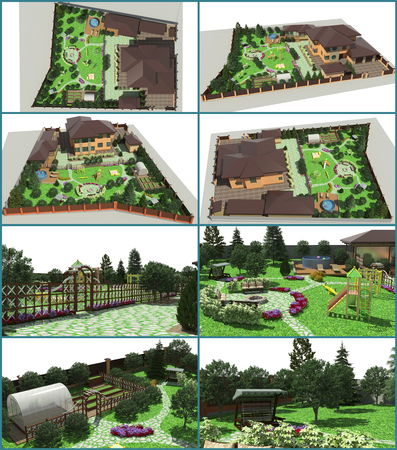 Design of the garden. A set of illustrations on the landscape design of the garden. Garden plot. 3d rendering.の写真素材