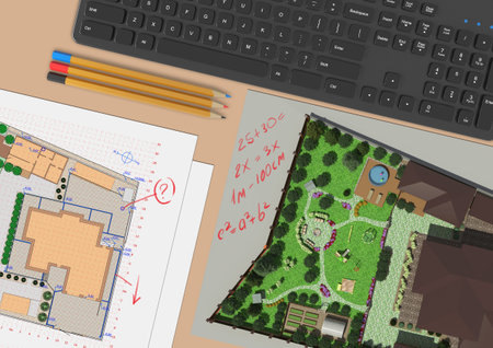 Design of the garden. The working environment of the landscape architect. 3d rendering.