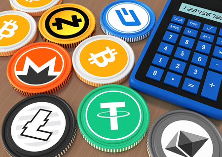 Bidding on the exchange with Crypto currency. Extraction of crypto currency. Chips with crypto currency symbols and a calculator. 3d illustration.の写真素材