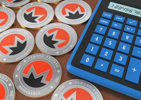 Mining of crypto-currencies. Calculator with coins of crypto currency. 3d rendering.の写真素材