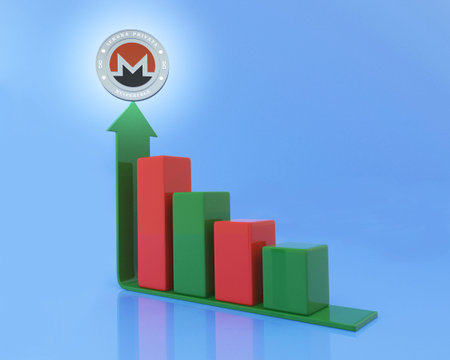 Graph of the movement of the crypto currency. Two red and green cubes with an arrow and a coin. 3d...