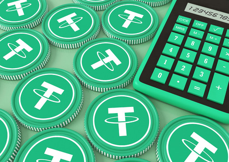 Tether.Bitcoin. Bidding on the exchange with Crypto currency. Extraction of crypto currency. Chips with crypto currency symbols and a calculator. 3d illustration.の写真素材