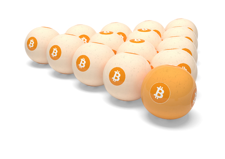 Bitcoin. Billiard balls with the image of crypto currency. Playing billiards in the crypto currency. 3d rendering. Isolated.の写真素材