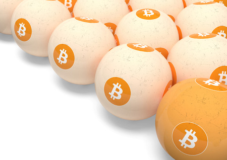Bitcoin. Billiard balls with the image of crypto currency. Playing billiards in the crypto currency. 3d rendering. Isolated.の写真素材