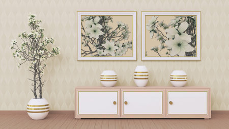 2 places to insert images. Interior with furniture, a flower in a pot and scenery. 3d rendering.
