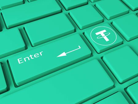 Tether. Crypto currency. Keyboard with symbols. Mining of crypto currency on the computer.3d illustration.の写真素材