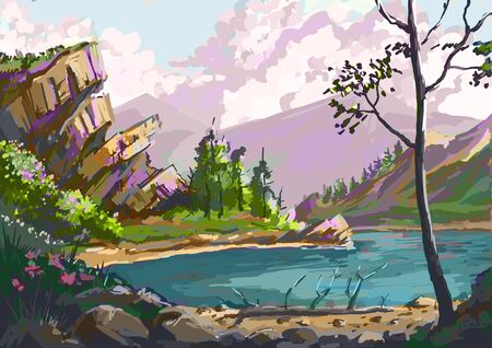 Illustration on the theme of water and mountains.の写真素材