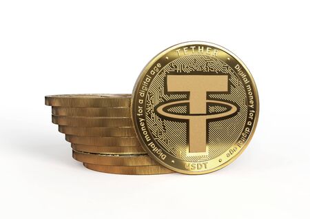 Tether. Cryptocurrency Golden coins. Cryptocurrency mining. 3D illustration.の写真素材