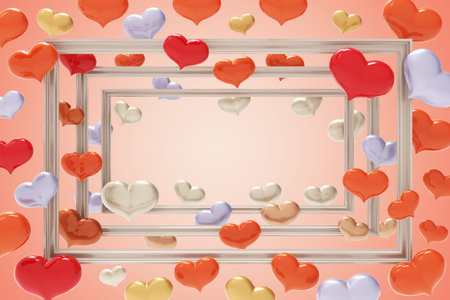 Holiday Valentine's Day. 3d rendering. Golden frame with hearts on a pink background. Space to...