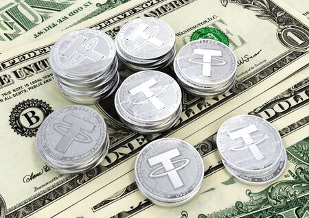 Tether. Cryptocurrency silver coins. Cryptocurrency mining. Coins on the background of the dollar. 3D illustration. 3D render.の写真素材