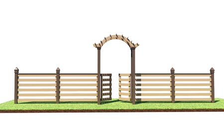 Wooden decorative fence with arch. Garden design. 3d rendering. Landscaping.の写真素材