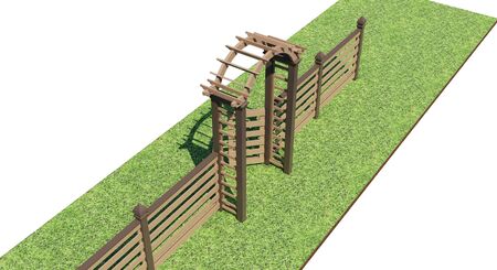 Wooden decorative fence with arch. Garden design. 3d rendering. Landscaping.の写真素材