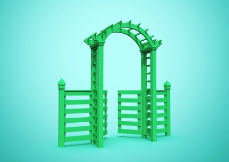Wooden decorative fence with arch. Garden design. 3d rendering. Landscaping.の写真素材