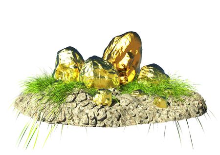 Gold bars in a placer of stones. 3d rendering. Landscape and design. Business. Isolated background. Alpine slide of gold minerals. Gold mining minerals.の写真素材