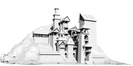 City on the mountain in black and white color. 3d illustration. Sketch for coloring with colored paints.の写真素材