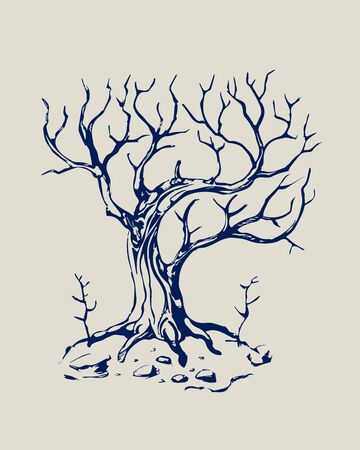 Old mystical tree without foliage. Vector. Black and white.のイラスト素材
