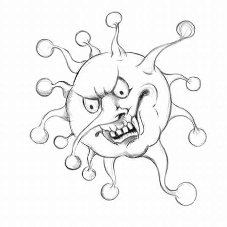 Angry cartoon virus. Coronavirus. Black and white comic illustration. Caricature.の写真素材