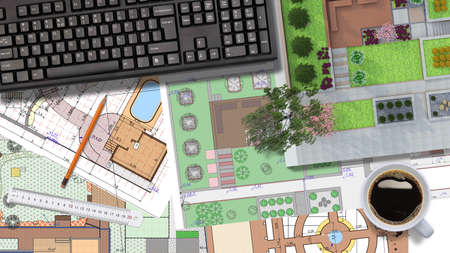 Against the background of a lot of plans and drawings with a keyboard. Illustration. Garden design.の写真素材